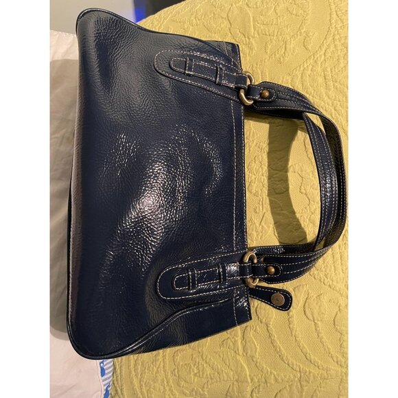 Perlina New York Navy Blue Faux Leather Shoulder Bag With Leopard Print Lining & - Picture 12 of 16